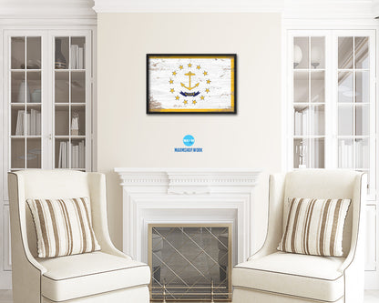 Rhode Island State Shabby Chic Flag Wood Framed Paper Print  Wall Art Decor Gifts