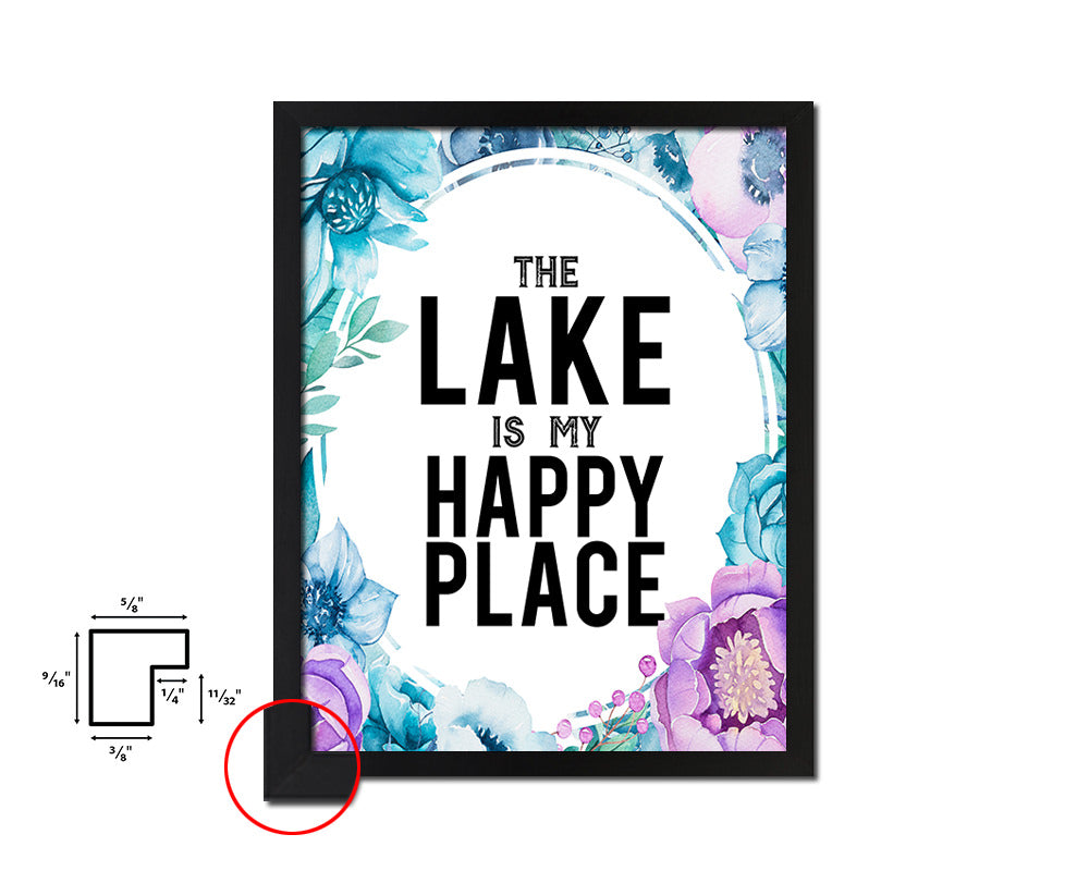 The Lake is my happy place Quote Boho Flower Framed Print Wall Decor Art