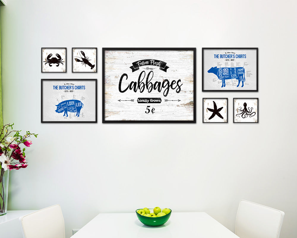 Farm Fresh Cabbages Vintage Sign Fine Art Paper Prints Wood Frame Wall Art Decor Gifts