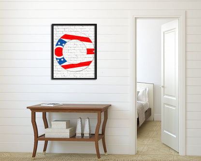 Ohio State Initial Flag Wood Framed Paper Print Decor Wall Art Gifts, Brick