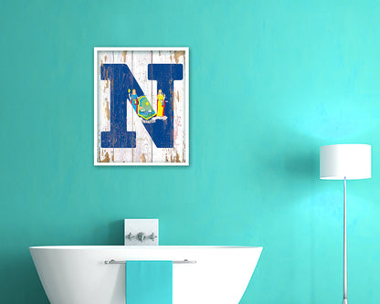 New York State Initial Flag Wood Framed Paper Print Decor Wall Art Gifts, Beach