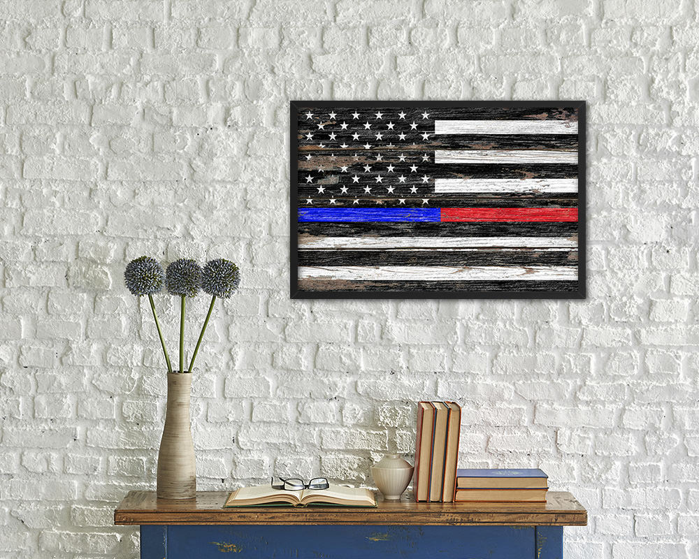 Thin Blue Line Police & Thin Red Line Firefighter Respect & Honor Law Enforcement Wood Rustic Flag Art