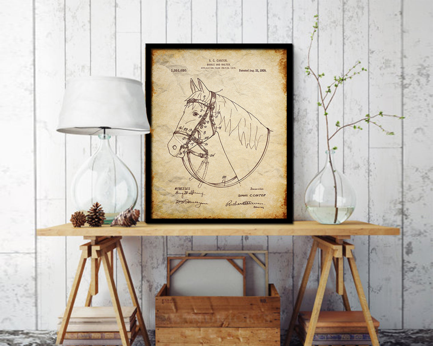 Horse Bridle and Halter Cowboy Vintage Patent Artwork Walnut Frame Print Wall Art Decor Gifts