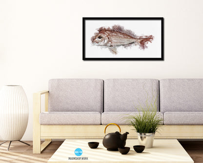 Snapper Fish Art Wood Frame Modern Restaurant Sushi Wall Decor Gifts, 10" x 20"