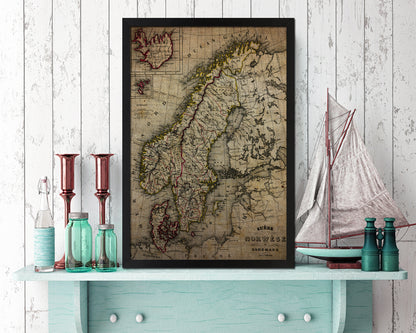 Sweden Norway Scandinavia Vintage Map Wood Framed Print Art Wall Decor Gifts