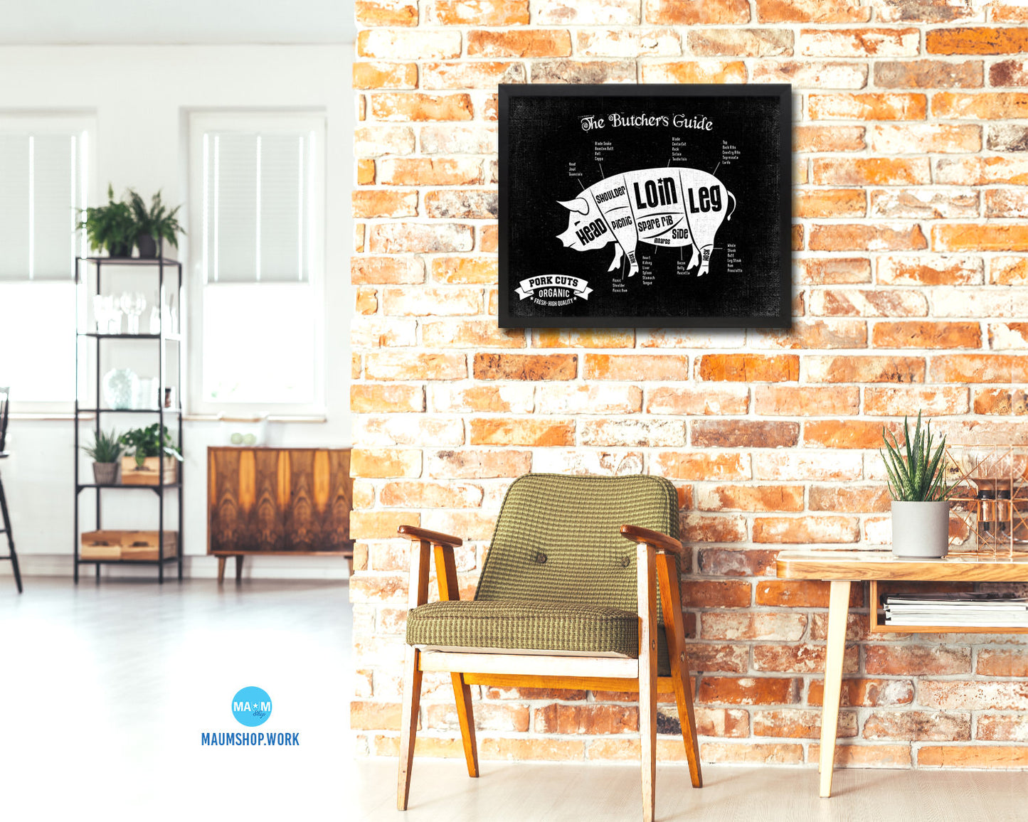 Pork Meat Pig Cuts Butchers Chart Wood Framed Paper Print Home Decor Wall Art Gifts