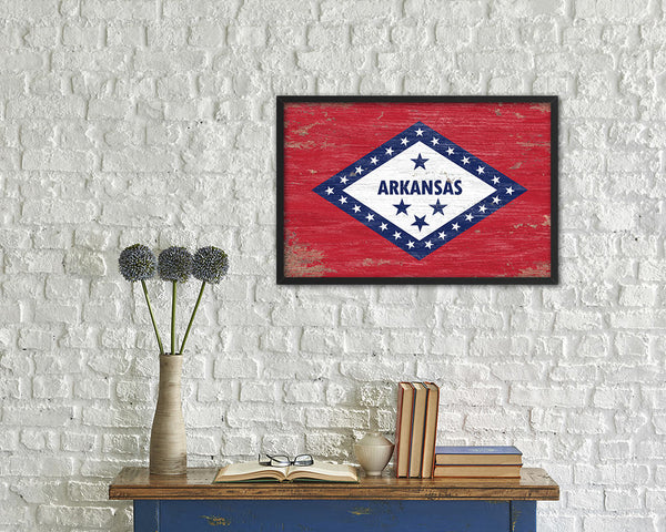 Arkansas State Shabby Chic Flag Wood Framed Paper Print  Wall Art Decor Gifts