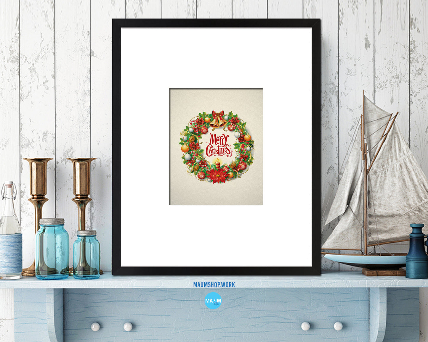 Christmas Wreath Holiday Season Gifts Wood Framed Print Home Decor Wall Art