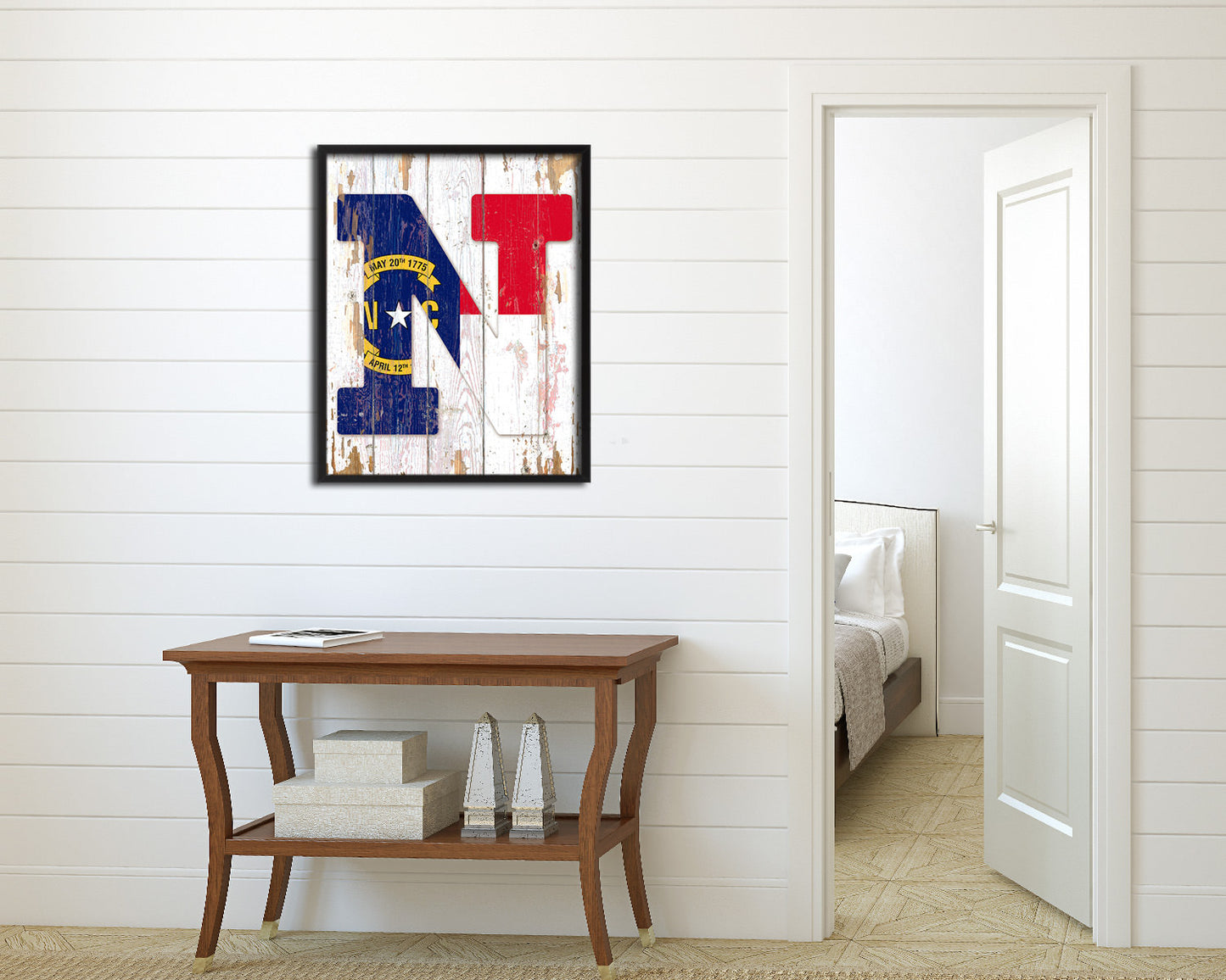 North Carolina State Initial Flag Wood Framed Paper Print Decor Wall Art Gifts, Beach