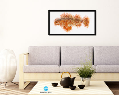 Scorpion Fish Art Wood Frame Modern Restaurant Sushi Wall Decor Gifts, 10" x 20"