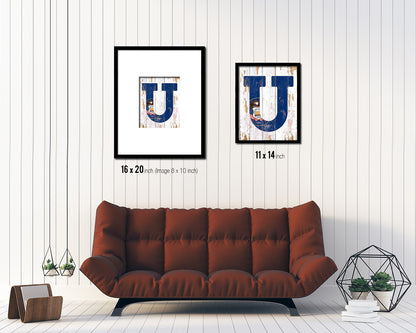 Utah State Initial Flag Wood Framed Paper Print Decor Wall Art Gifts, Beach