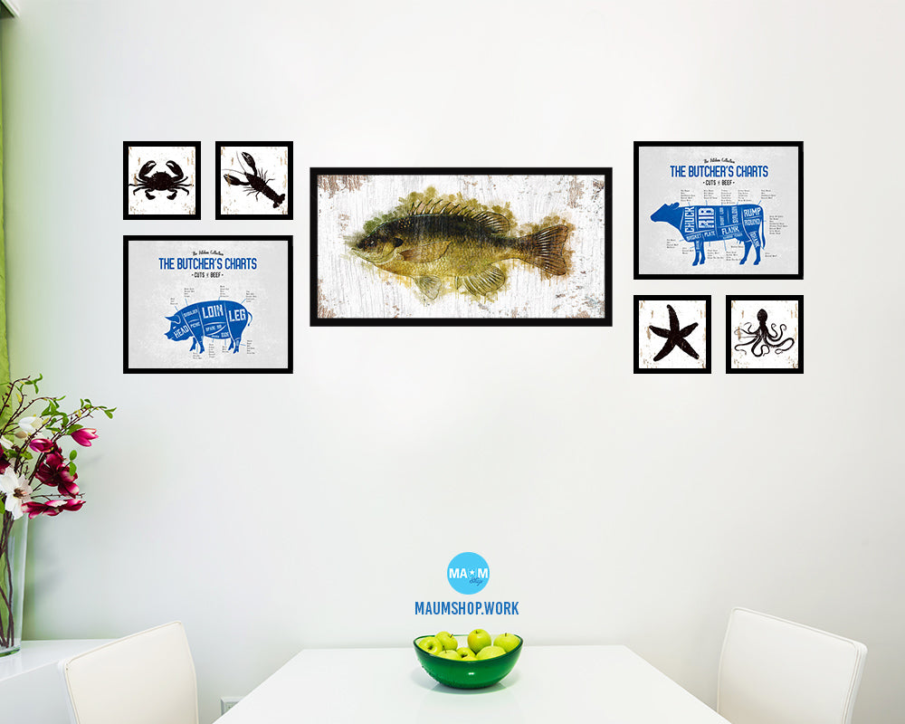 Bluegill Fish Art Wood Frame Shabby Chic Restaurant Sushi Wall Decor Gifts, 10" x 20"
