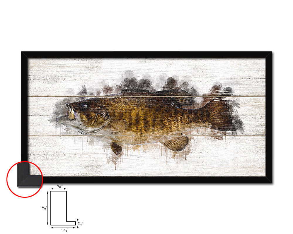 Smallmouth Bass Fish Art Wood Framed White Wash Restaurant Sushi Wall Decor Gifts, 10" x 20"