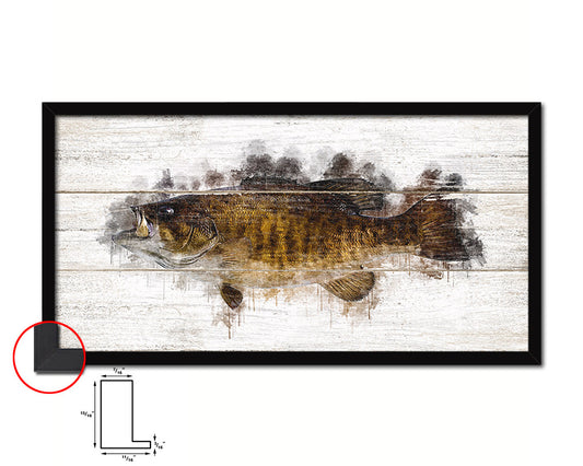 Smallmouth Bass Fish Art Wood Framed White Wash Restaurant Sushi Wall Decor Gifts, 10" x 20"