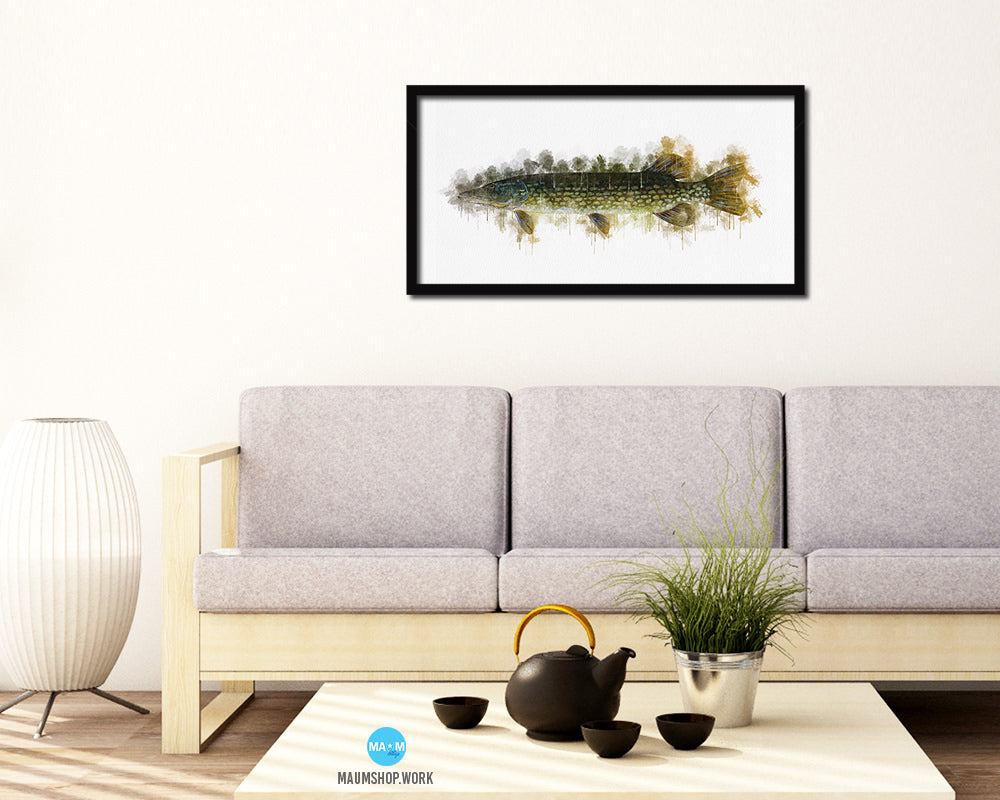 Pike Fish Art Wood Frame Modern Restaurant Sushi Wall Decor Gifts, 10" x 20"