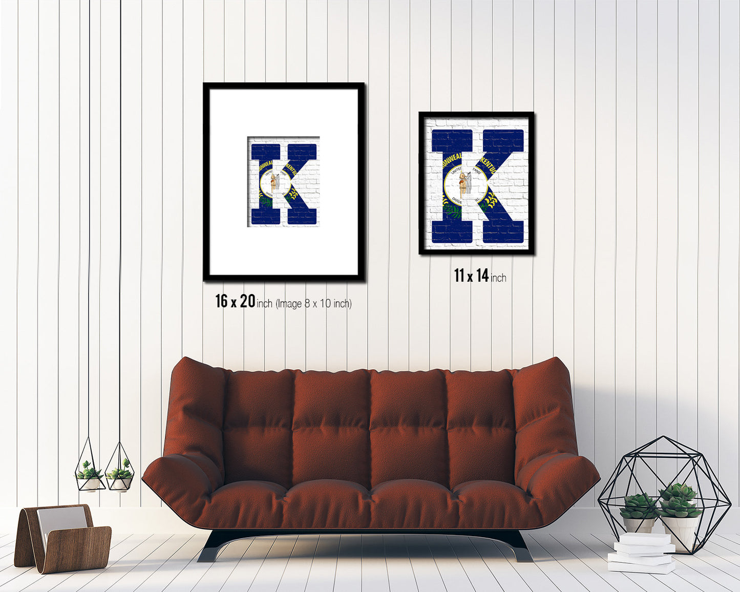 Kentucky State Initial Flag Wood Framed Paper Print Decor Wall Art Gifts, Brick