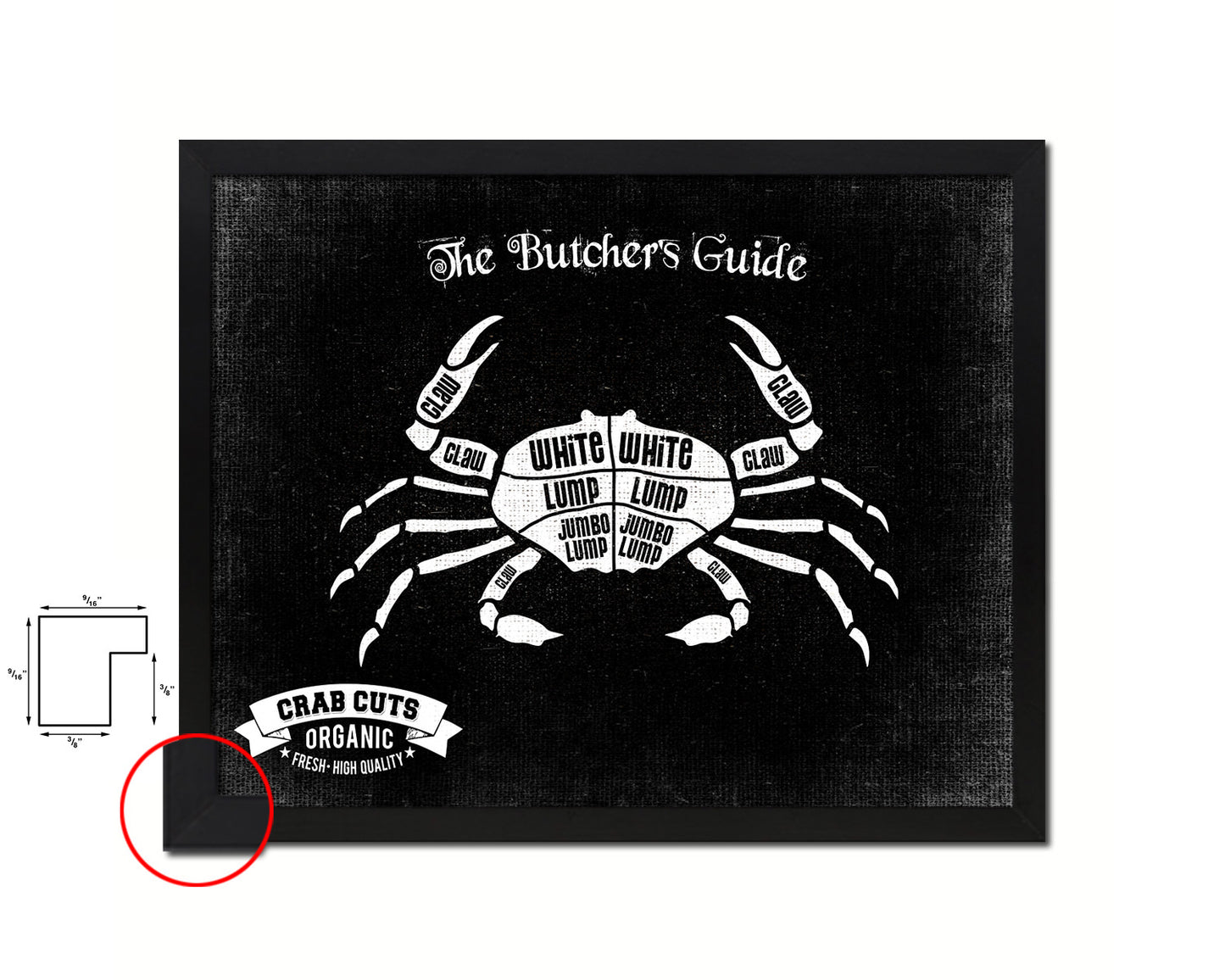 Crab  Meat Cuts Butchers Chart Wood Framed Paper Print Home Decor Wall Art Gifts