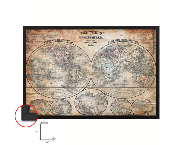 World Hemispheres 1870 Antique Map Framed Print Art Wall Decor Gifts