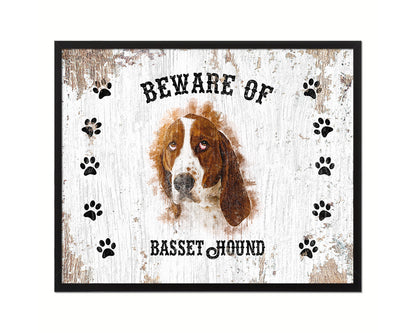 Beware of Basset Hound Sign Wood Framed Print Wall Art Decor Gifts