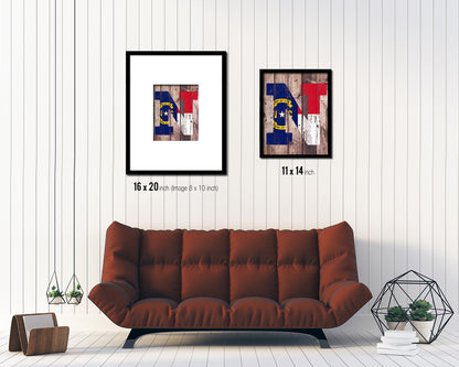 North Carolina State Initial Flag Wood Framed Paper Print Decor Wall Art Gifts, Wood