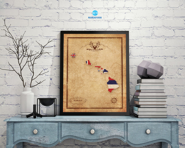 Hawaii State Vintage Map Wood Framed Paper Print  Wall Art Decor Gifts