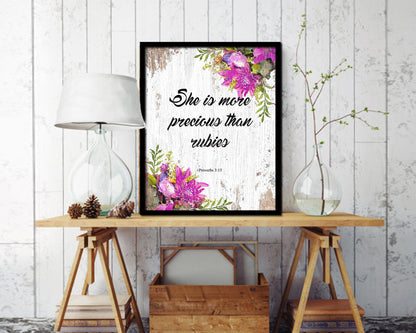 She is more precious than rubies, Proverbs 3:5 Quote Framed Print Home Decor Wall Art Gifts