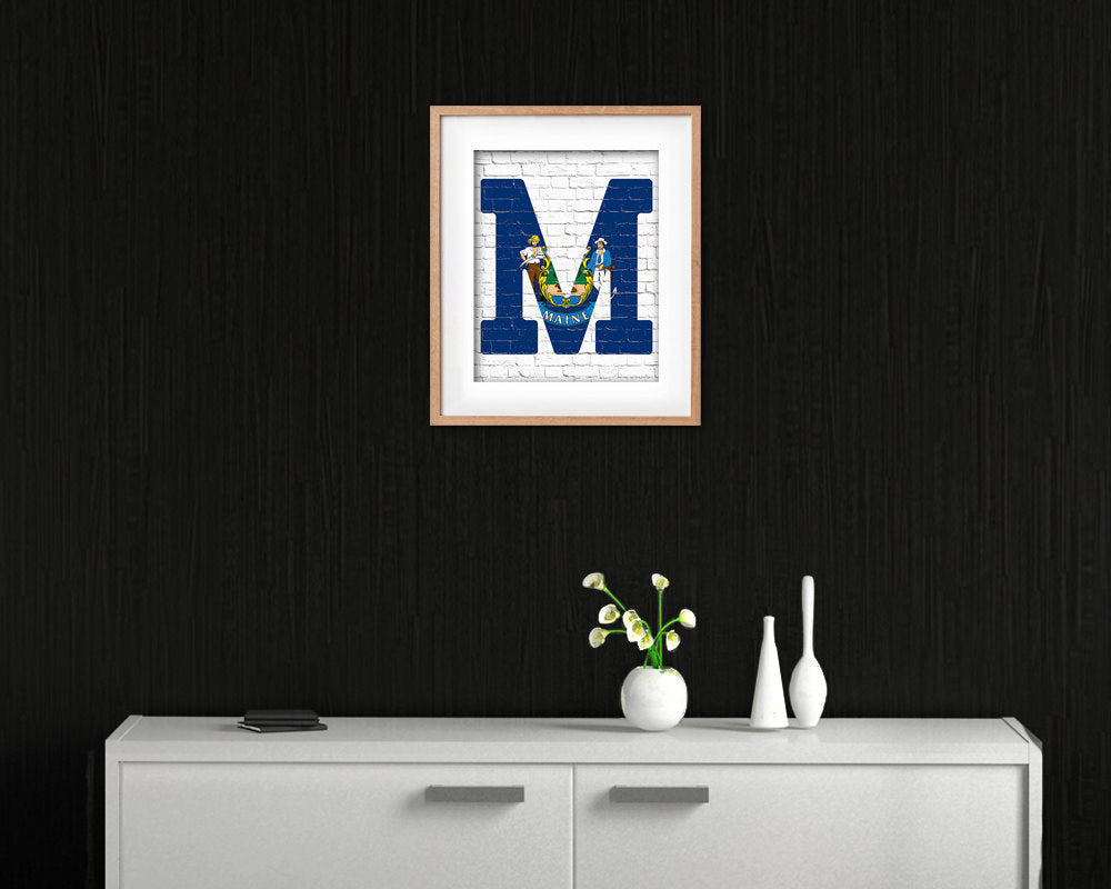 Maine State Initial Flag Wood Framed Paper Print Decor Wall Art Gifts, Brick