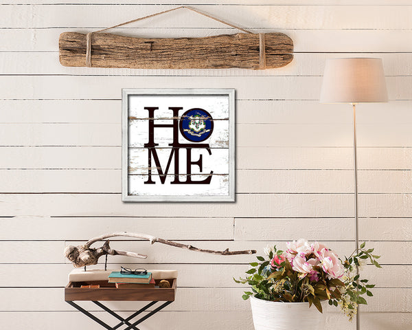 Connecticut State Flag Shabby Chic Home Decor White Wash Wood Frame Wall Art Prints Gift