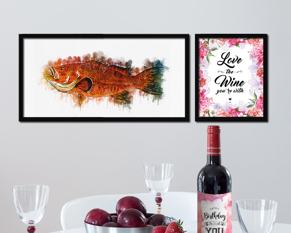 Red Grouper Fish Art Wood Frame Modern Restaurant Sushi Wall Decor Gifts, 10" x 20"