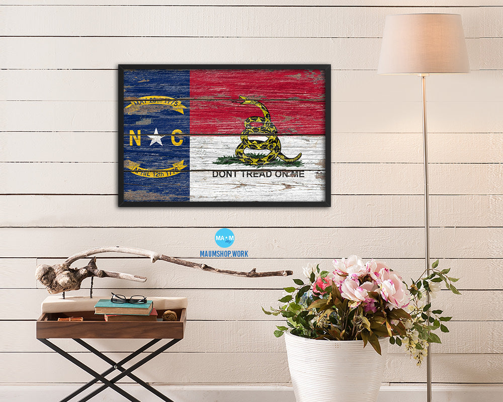 North Carolina State Gadsden Don't Tread On Me Wood Rustic Flag Framed Print Art