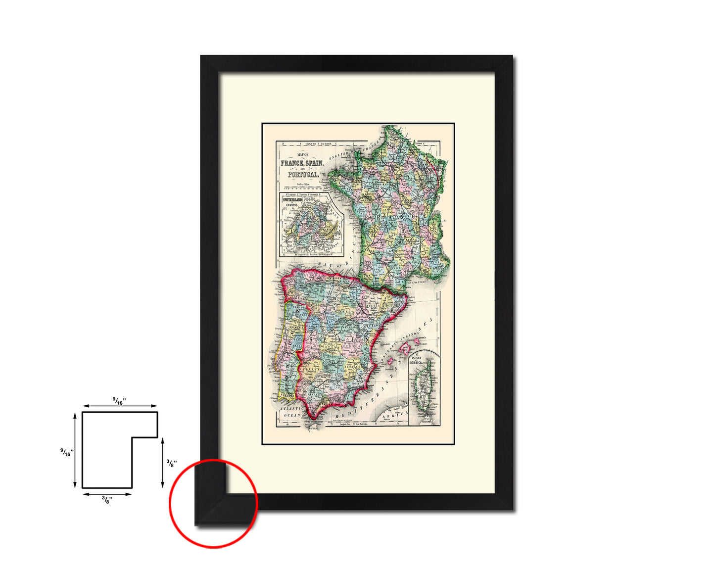 Spain Portugal and France Old Map Wood Framed Print Art Wall Decor Gifts