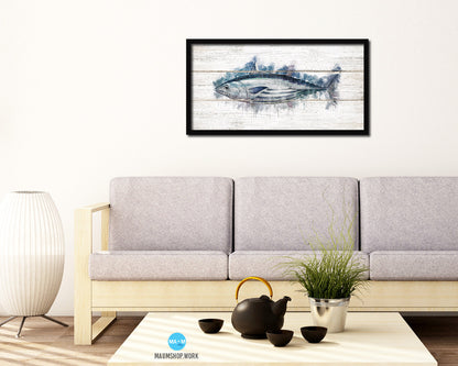 Skipjack Tuna Fish Art Wood Framed White Wash Restaurant Sushi Wall Decor Gifts, 10" x 20"