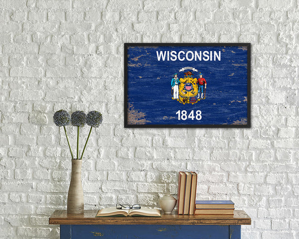 Wisconsin State Shabby Chic Flag Wood Framed Paper Print  Wall Art Decor Gifts