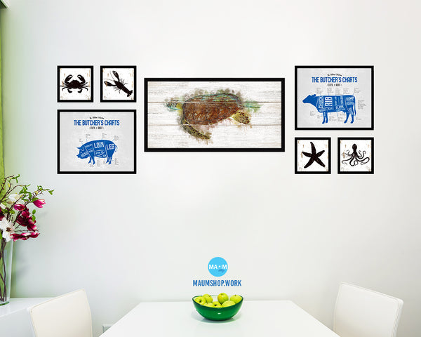 Turtle Fish Art Wood Framed White Wash Restaurant Sushi Wall Decor Gifts, 10" x 20"