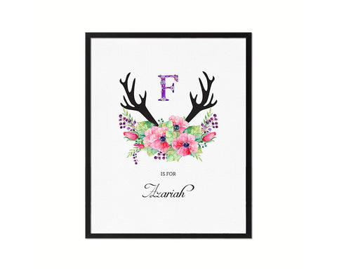 Initial Letter F Watercolor Floral Boho Monogram Art Framed Print Baby Girl Room Wall Decor Gifts