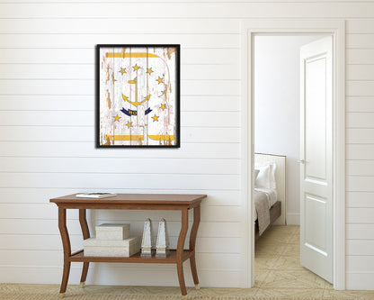 Rhode Island State Initial Flag Wood Framed Paper Print Decor Wall Art Gifts, Beach