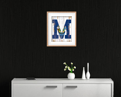 Maine State Initial Flag Wood Framed Paper Print Decor Wall Art Gifts, Beach