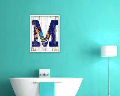 Michigan State Initial Flag Wood Framed Paper Print Decor Wall Art Gifts, Beach