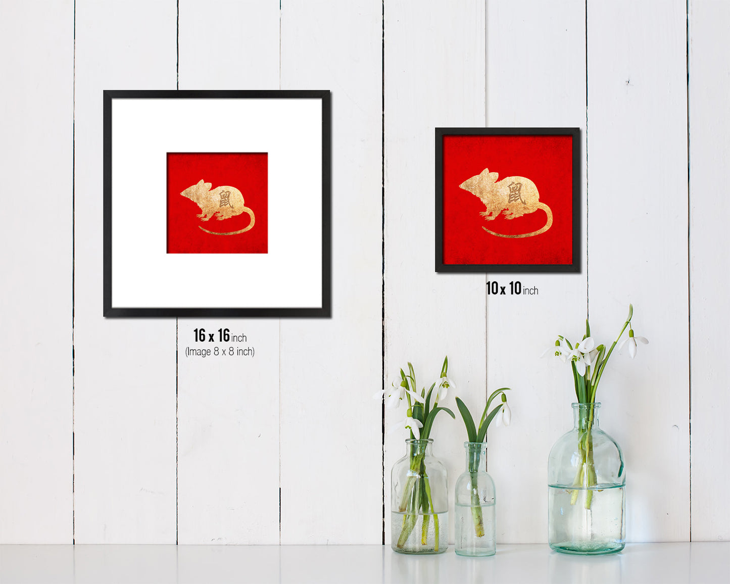 Rat Chinese Zodiac Character Wood Framed Print Wall Art Decor Gifts, Red