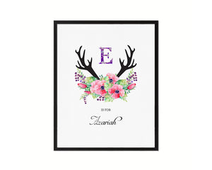 Initial Letter E Watercolor Floral Boho Monogram Art Framed Print Baby Girl Room Wall Decor Gifts