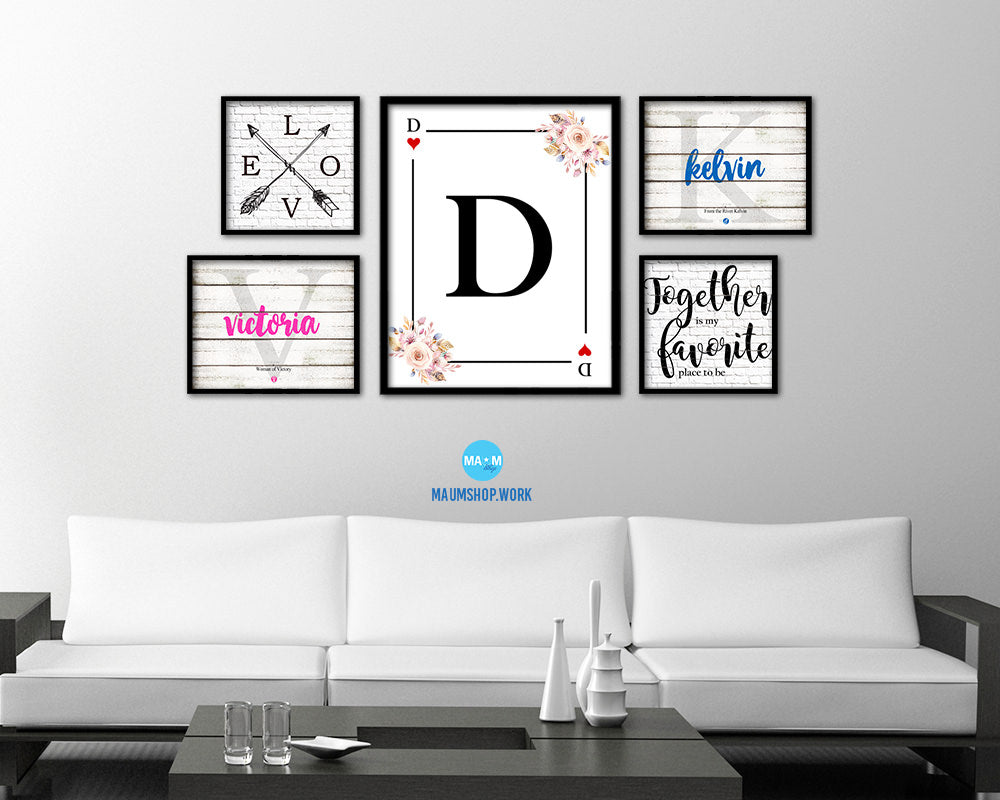 Letter D Personalized Boho Monogram Heart Playing Decks Framed Print Wall Art Decor Gifts