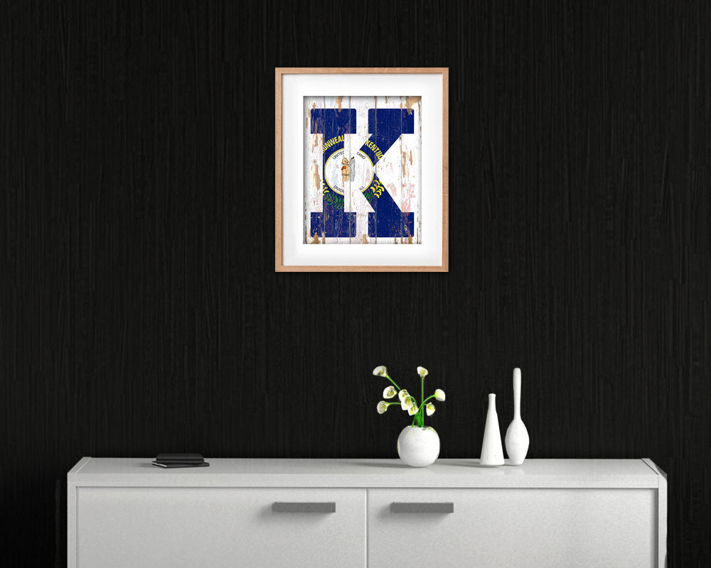 Kentucky State Initial Flag Wood Framed Paper Print Decor Wall Art Gifts, Beach
