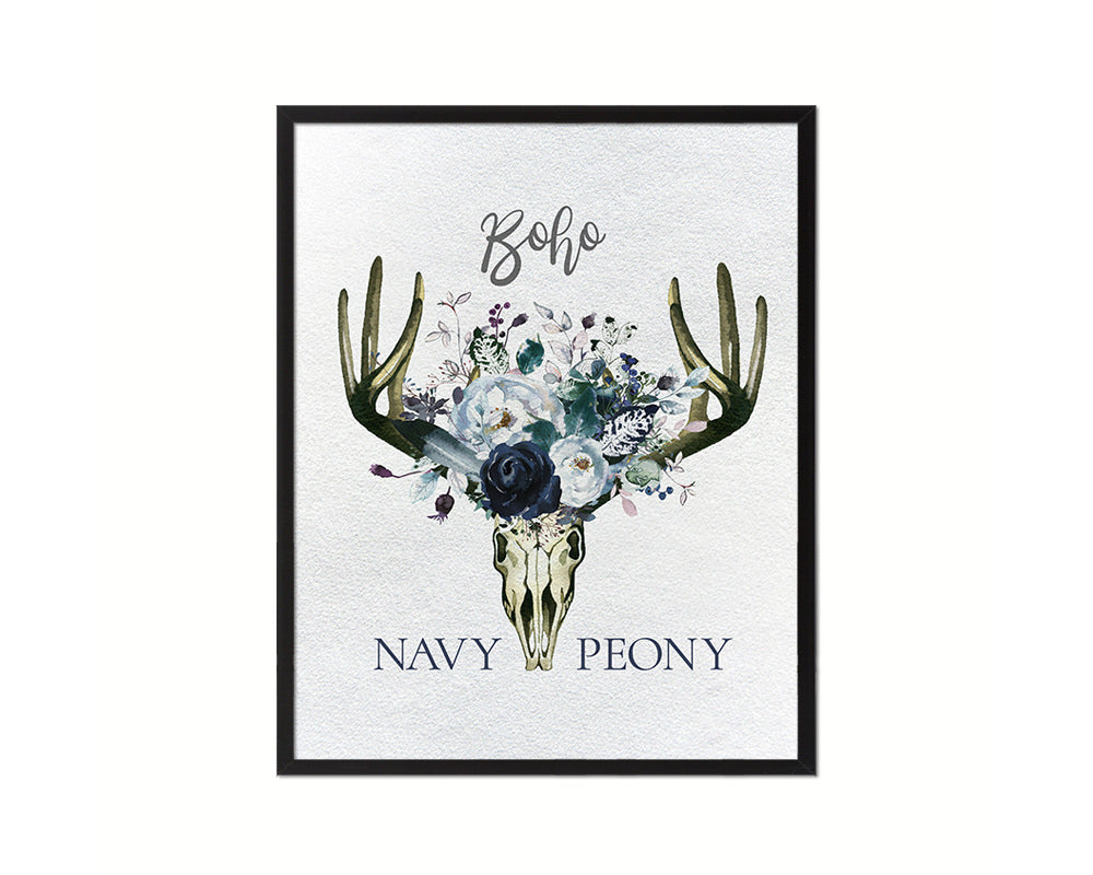 Boho Navy Peony Wood Framed Print Bohemian Girls Room Nursery Wall Art Decor Gifts