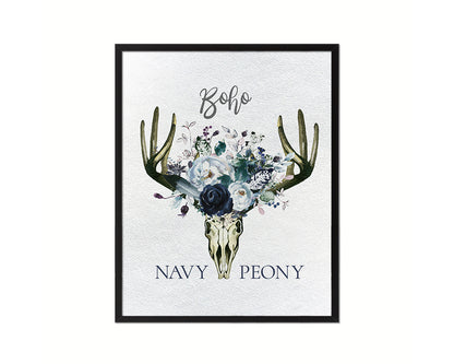 Boho Navy Peony Wood Framed Print Bohemian Girls Room Nursery Wall Art Decor Gifts