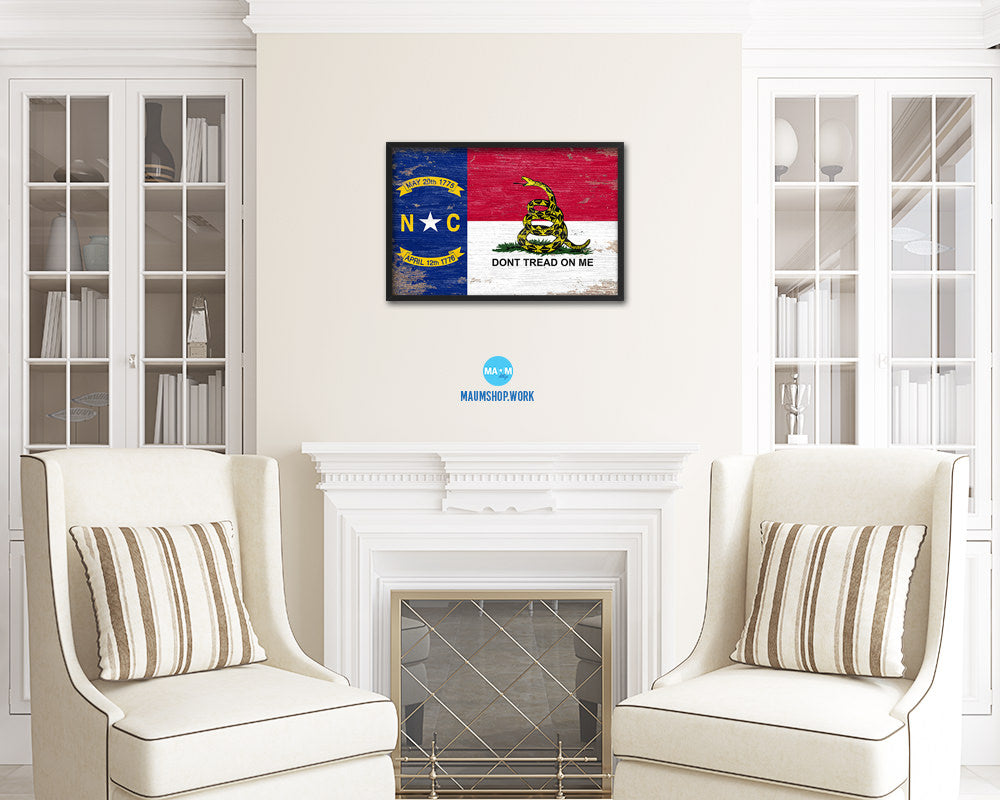 Gadsden Don't Tread On Me North Carolina State Shabby Chic Military Flag Framed Print Art
