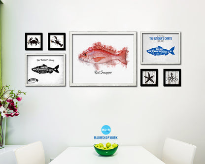 Red Snapper Fish Framed Prints Modern Restaurant Sushi Bar Watercolor Wall Art Decor