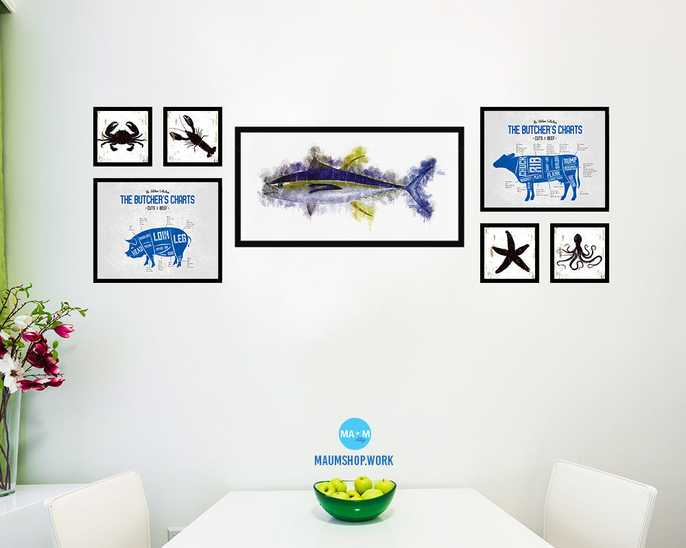 Yellowfin Fish Art Wood Frame Modern Restaurant Sushi Wall Decor Gifts, 10" x 20"