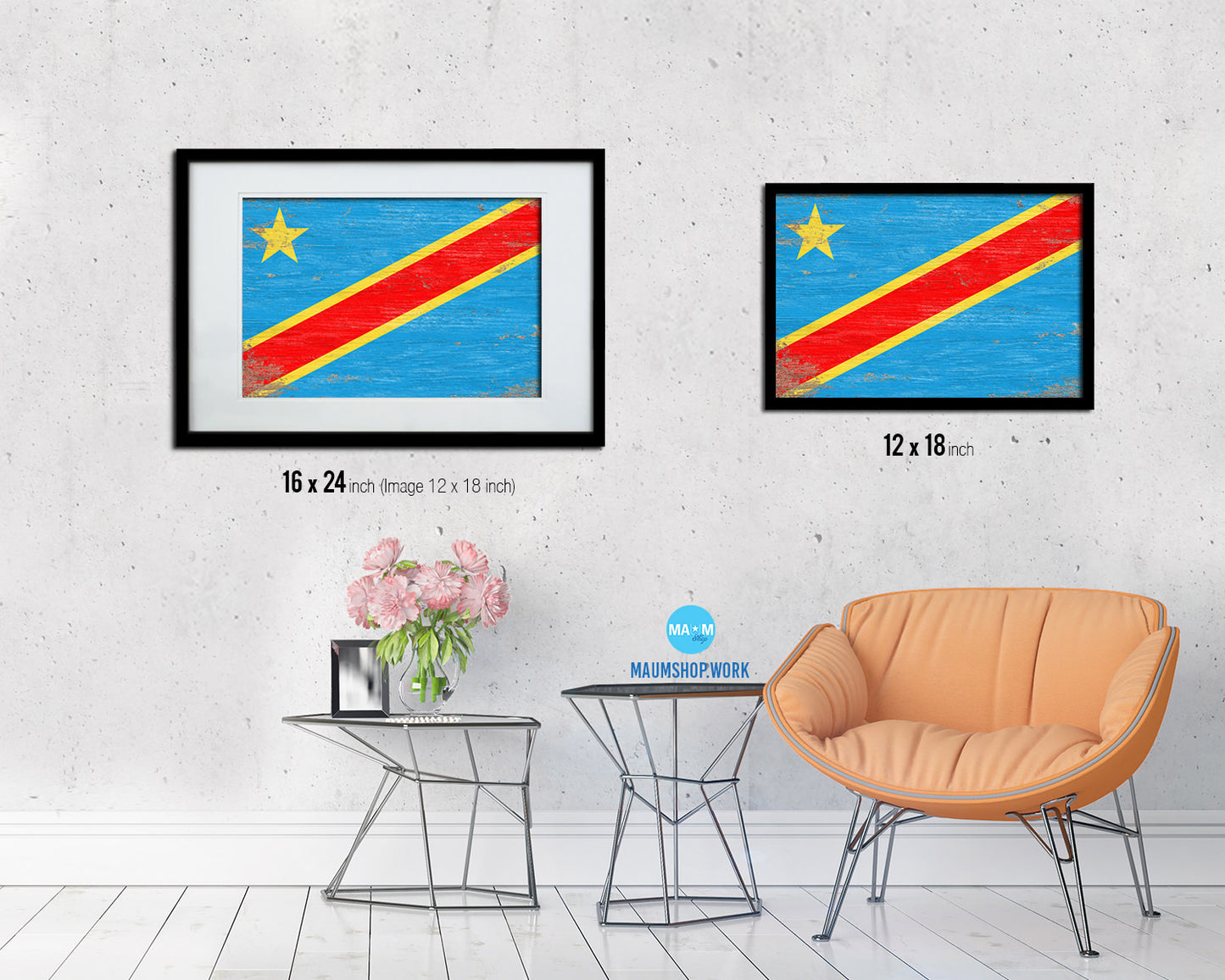 Congo Democratic Republic Shabby Chic Country Flag Wood Framed Print Wall Art Decor Gifts