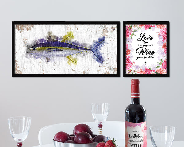 Yellowfin Fish Art Wood Frame Shabby Chic Restaurant Sushi Wall Decor Gifts, 10" x 20"