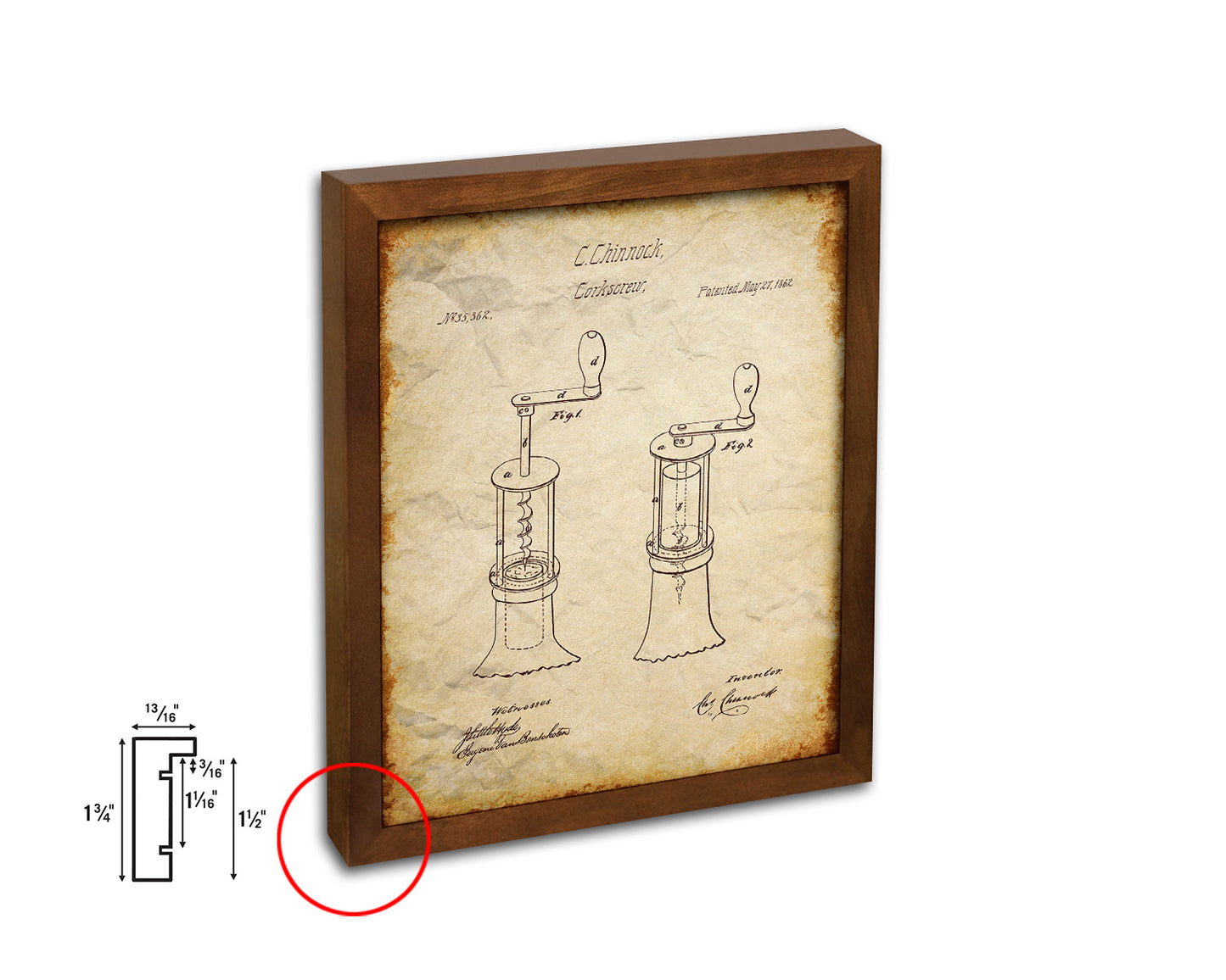 Corkscrew Wine Vintage Patent Artwork Walnut Frame Gifts
